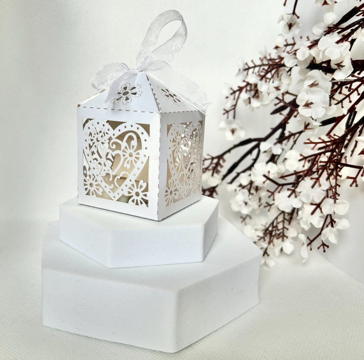 Event Favours - white laser cut box Including 4 Botanical Wax Melts Of Your Choice