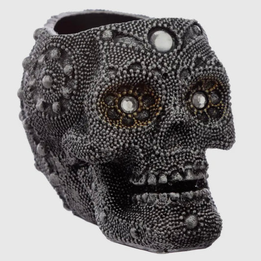 Small Black & Silver Beaded Skull Tealight Candle Holder